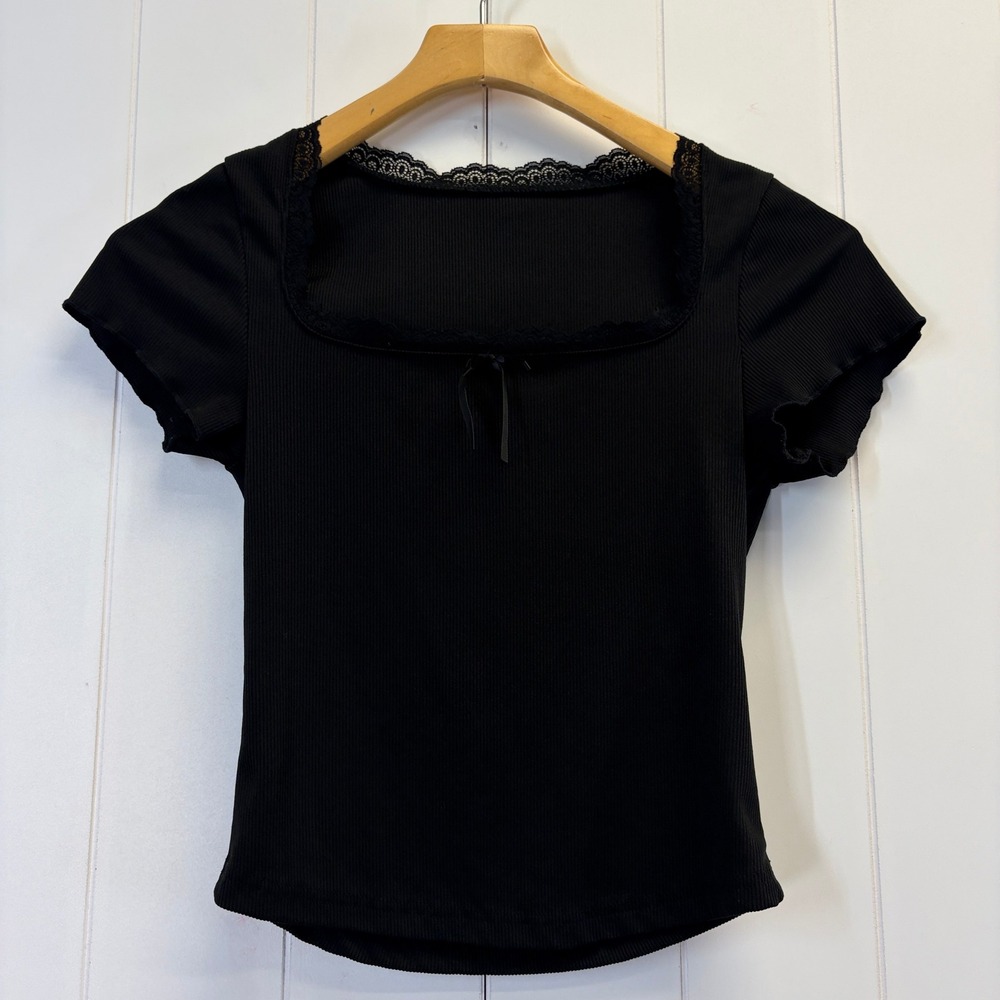 Unbranded Y2K Ribbed Lace Trim Cropped Baby Tee Women Small Grunge Indie Sleaze